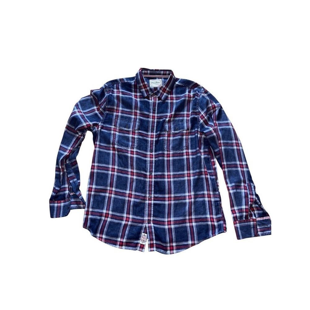 Flag & Anthem Men's poplin Plaid Button-Up Shirt Navy Red White Size L patriotic